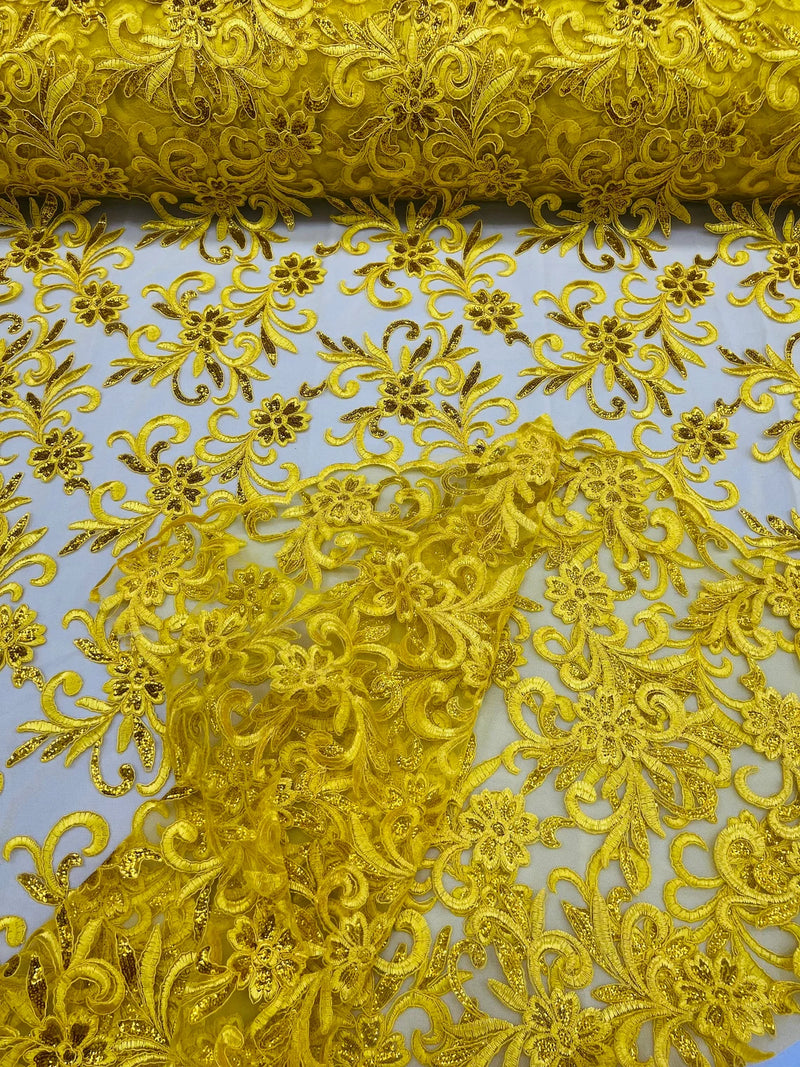 Small Flower Fabric - Yellow - Floral Plant Embroidered Design on Lace Mesh By Yard