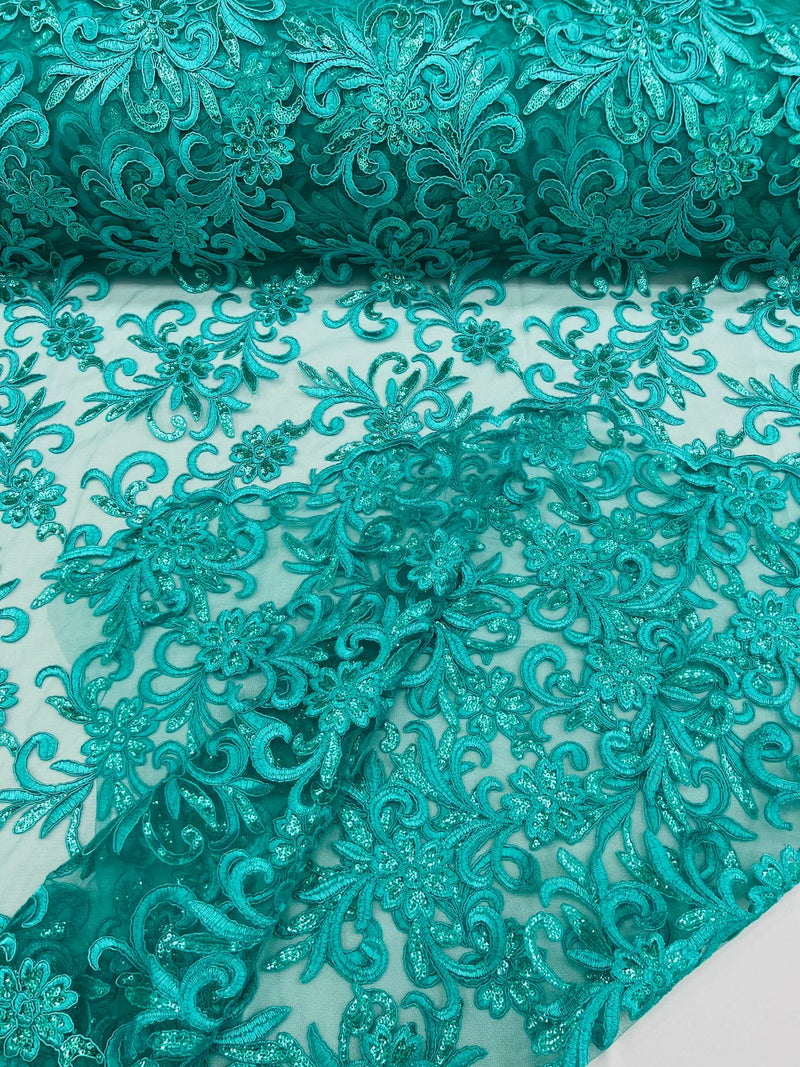 Small Flower Fabric - Jade - Floral Plant Embroidered Design on Lace Mesh By Yard