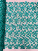 Small Flower Fabric - Jade - Floral Plant Embroidered Design on Lace Mesh By Yard