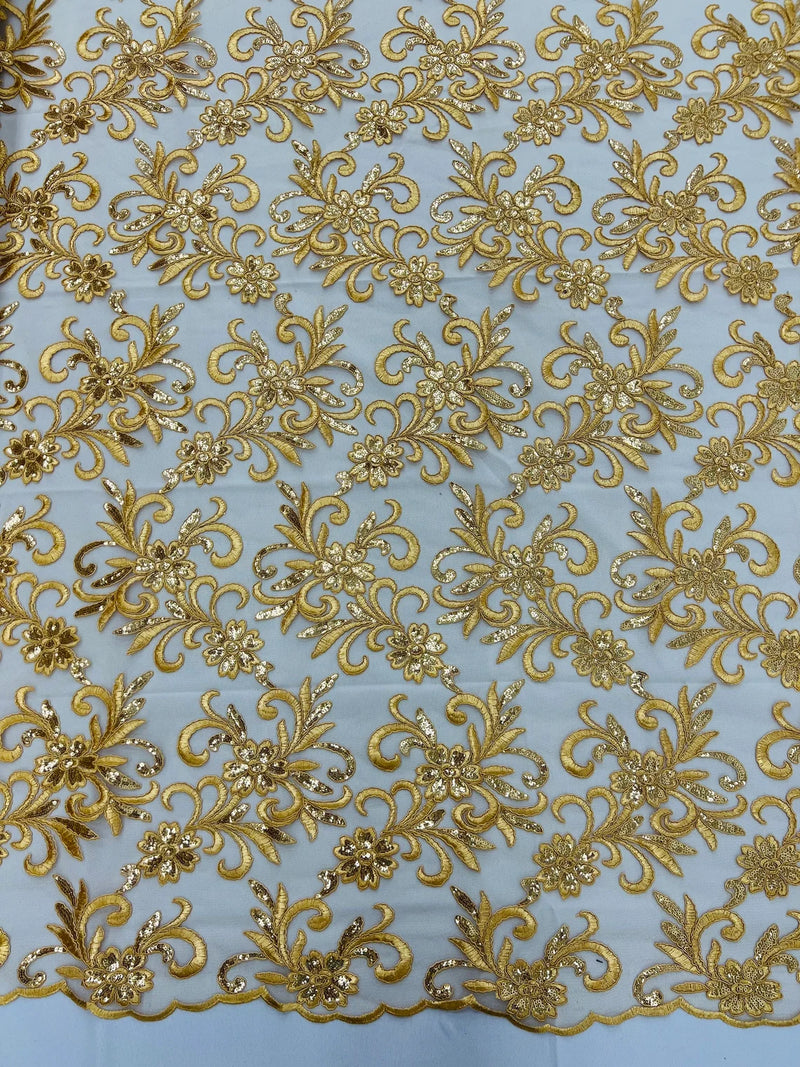 Small Flower Fabric - Gold - Floral Plant Embroidered Design on Lace Mesh By Yard