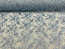 Small Flower Fabric - Blue - Floral Plant Embroidered Design on Lace Mesh By Yard