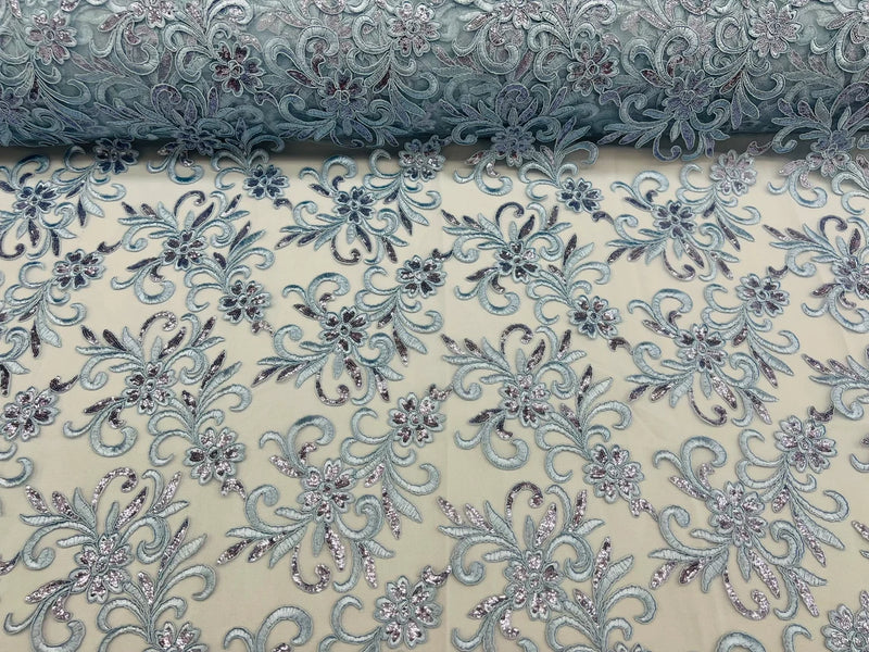 Small Flower Fabric - Blue - Floral Plant Embroidered Design on Lace Mesh By Yard