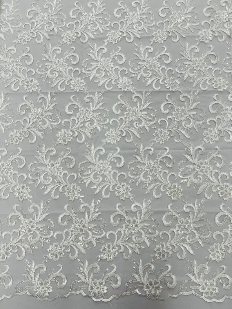 Small Flower Fabric - Ivory - Floral Plant Embroidered Design on Lace Mesh By Yard