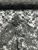 Small Flower Fabric - Black - Floral Plant Embroidered Design on Lace Mesh By Yard
