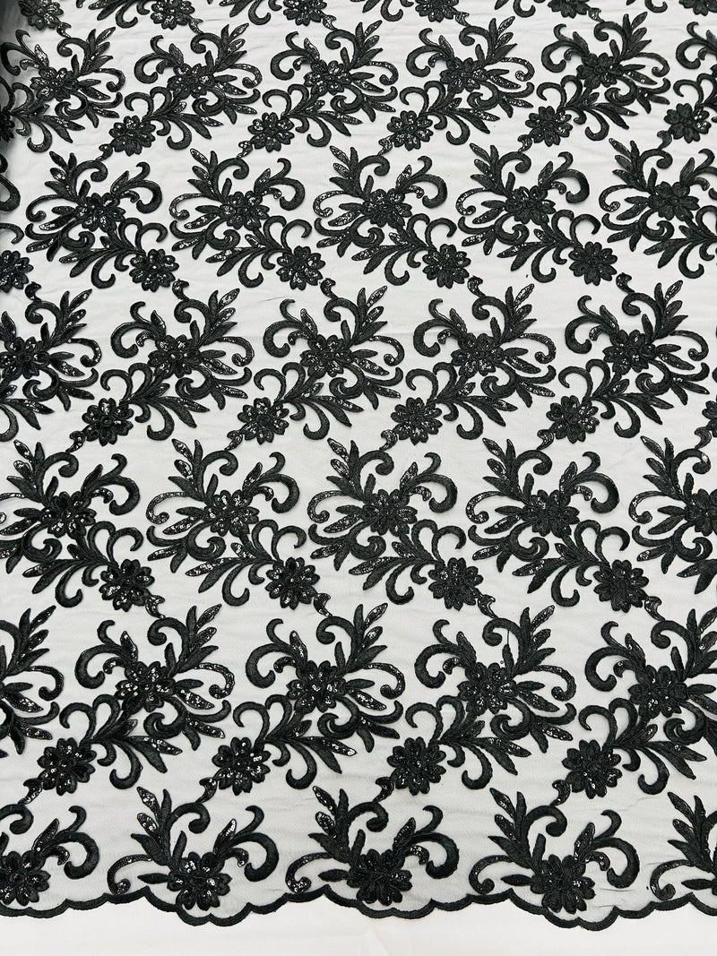 Small Flower Fabric - Black - Floral Plant Embroidered Design on Lace Mesh By Yard