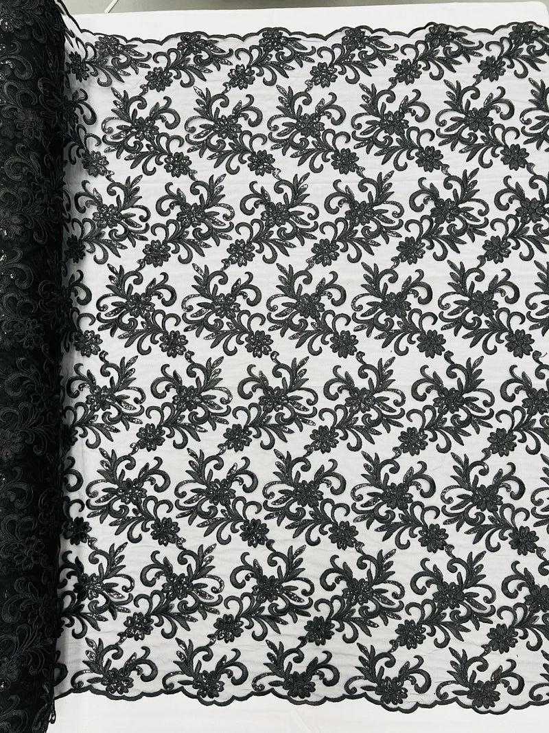Small Flower Fabric - Black - Floral Plant Embroidered Design on Lace Mesh By Yard