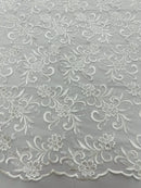 Small Flower Fabric - White - Floral Plant Embroidered Design on Lace Mesh By Yard