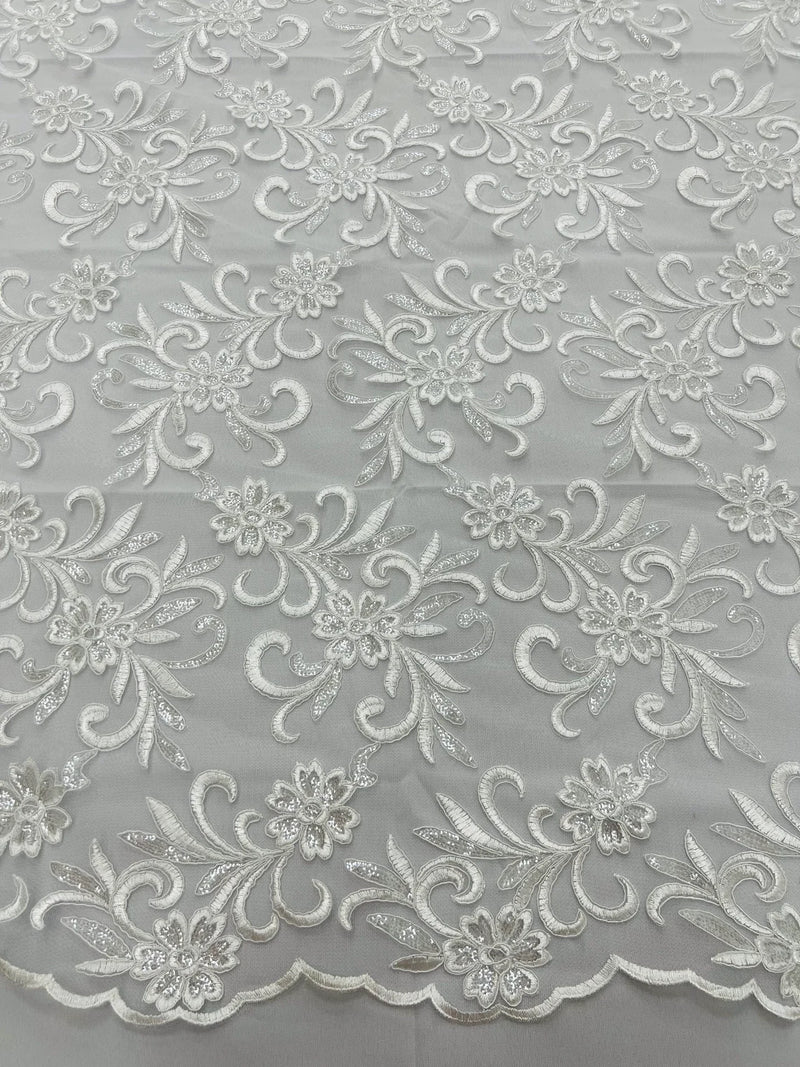 Small Flower Fabric - White - Floral Plant Embroidered Design on Lace Mesh By Yard