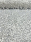 Small Flower Fabric - White - Floral Plant Embroidered Design on Lace Mesh By Yard