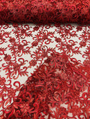 Small Flower Fabric - Burgundy - Floral Plant Embroidered Design on Lace Mesh By Yard