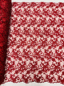 Small Flower Fabric - Burgundy - Floral Plant Embroidered Design on Lace Mesh By Yard