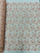 Small Flower Fabric - Peach - Floral Plant Embroidered Design on Lace Mesh By Yard