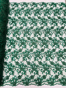 Small Flower Fabric - Hunter Green - Floral Plant Embroidered Design on Lace Mesh By Yard