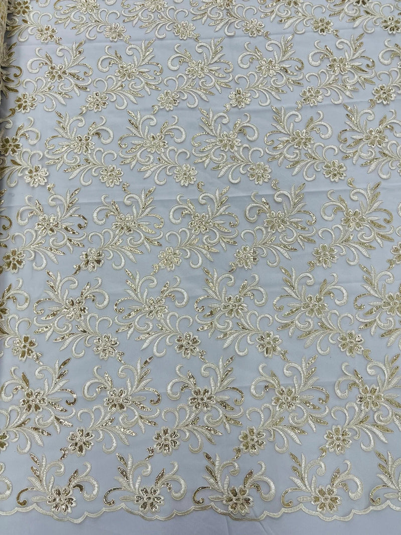 Small Flower Fabric - Ivory / Gold - Floral Plant Embroidered Design on Lace Mesh By Yard