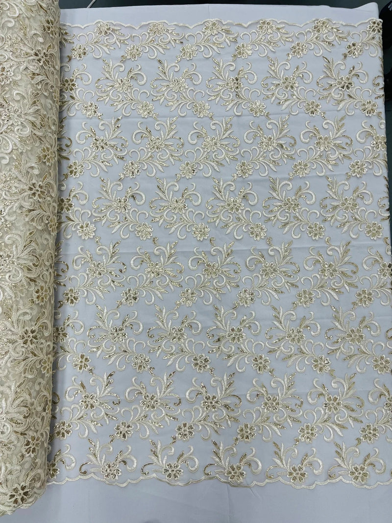 Small Flower Fabric - Ivory / Gold - Floral Plant Embroidered Design on Lace Mesh By Yard