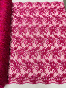 Small Flower Fabric - Fuschia - Floral Plant Embroidered Design on Lace Mesh By Yard