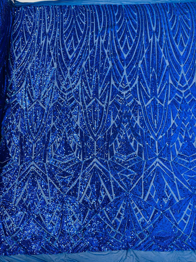 Geometric Fabric - Royal Blue - Geometric Sequins Pattern Design 4 Way Stretch Sold By Yard