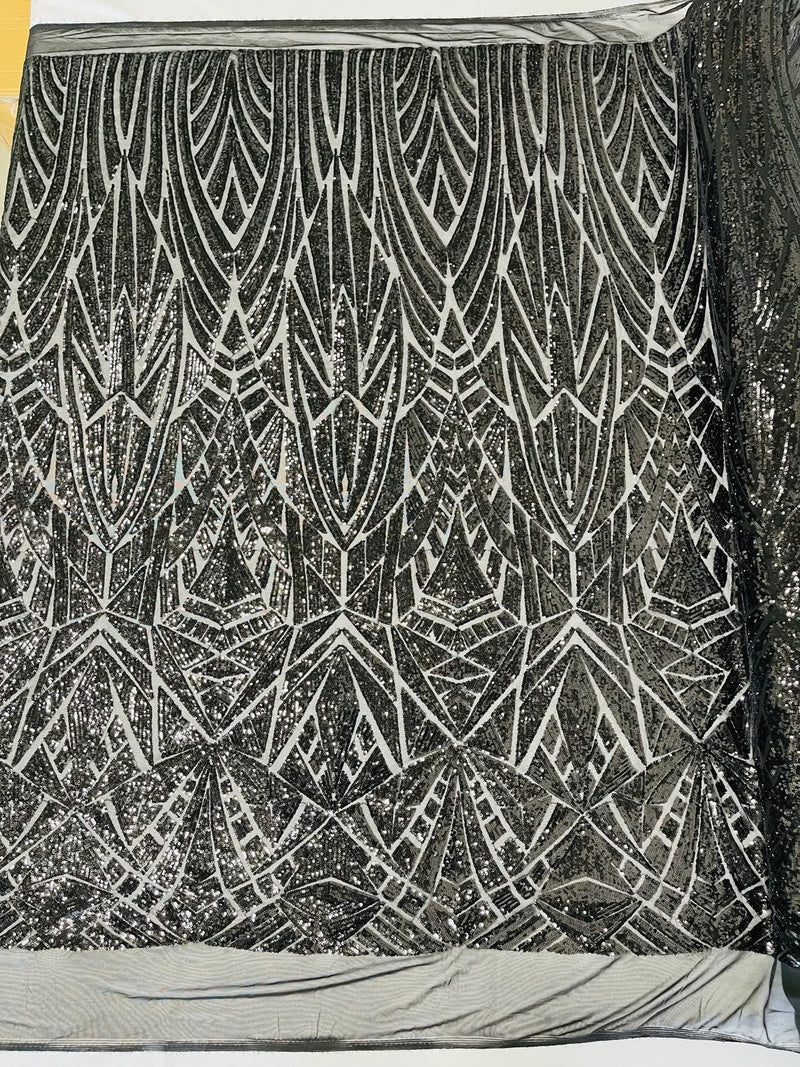 Geometric Fabric - Black  - Geometric Sequins Pattern Design 4 Way Stretch Sold By Yard