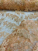 Floral Plant Cluster Fabric - Light Coral - Embroidered High Quality Lace Fabric Sold by Yard