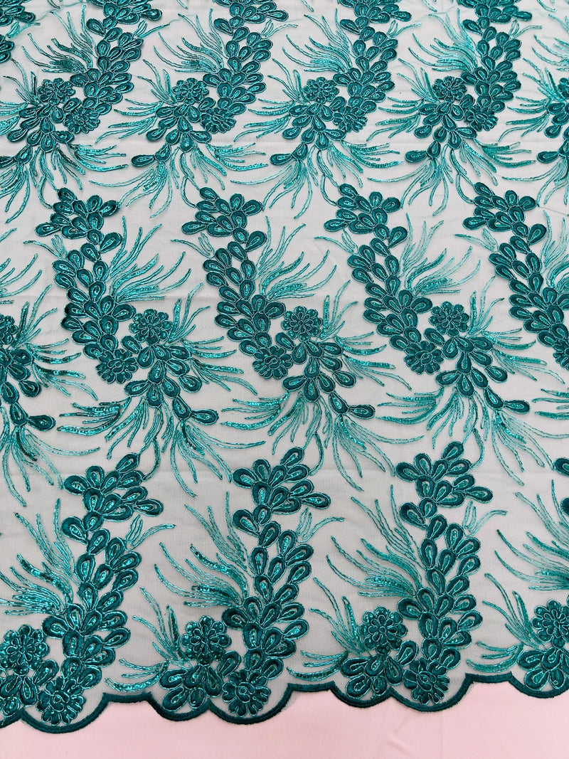 Floral Plant Cluster Fabric - Jade - Embroidered High Quality Lace Fabric Sold by Yard