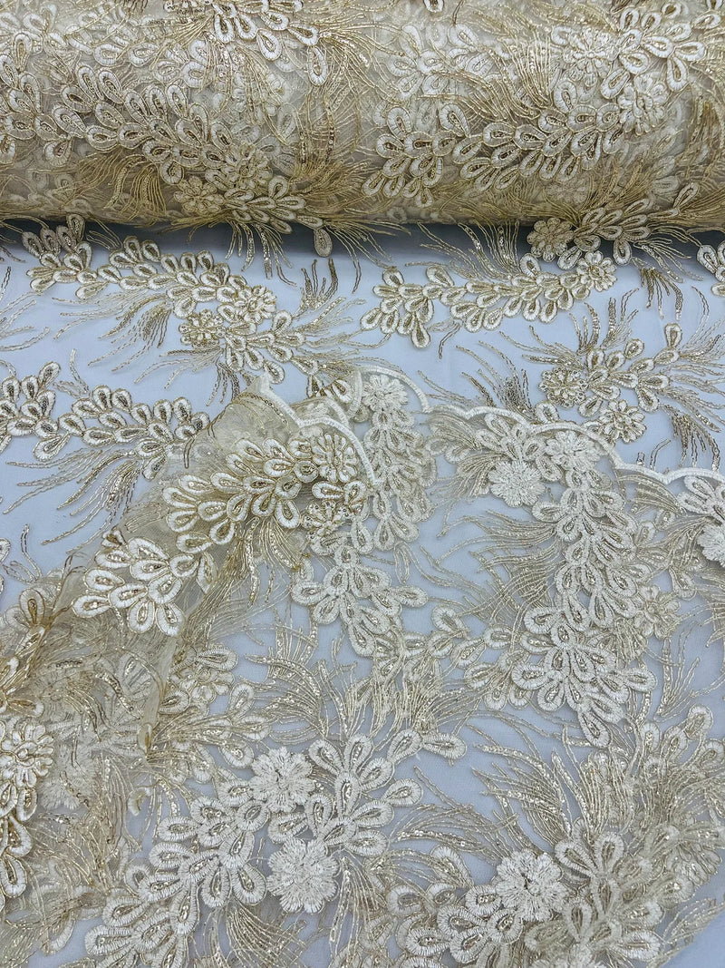 Floral Plant Cluster Fabric - Ivory / Gold - Embroidered High Quality Lace Fabric Sold by Yard