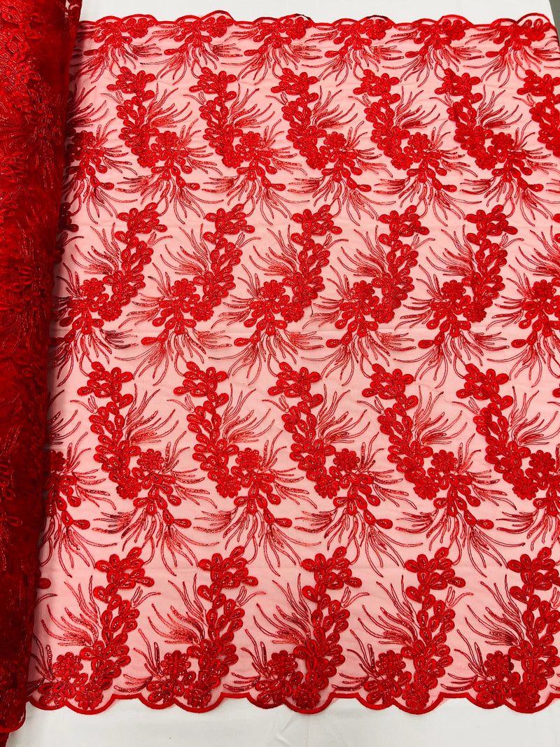 Floral Plant Cluster Fabric - Red - Embroidered High Quality Lace Fabric Sold by Yard