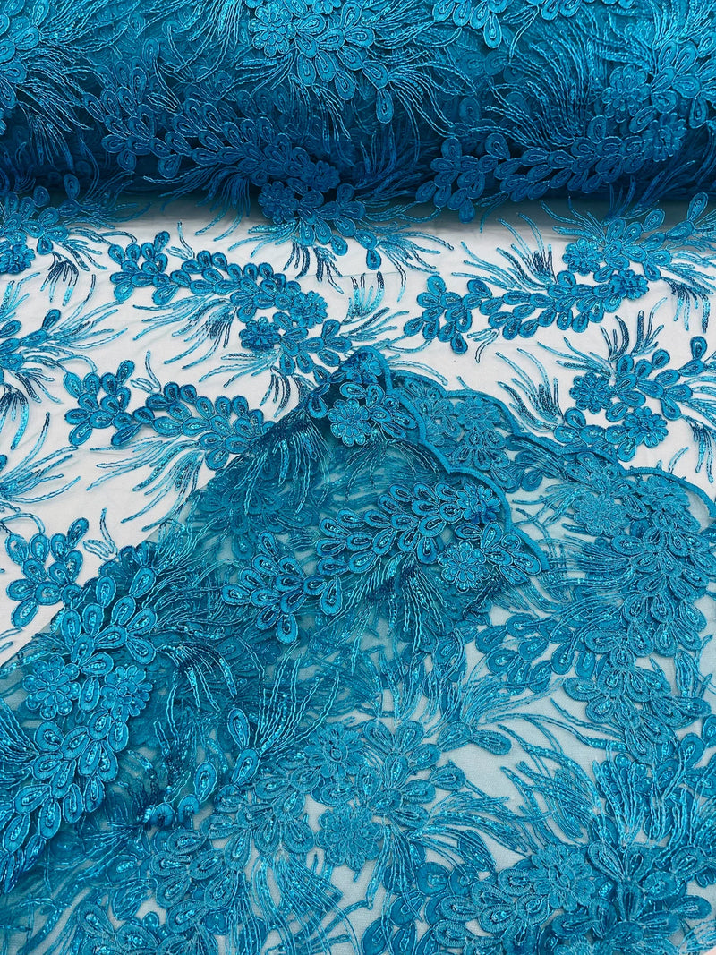 Floral Plant Cluster Fabric - Turquoise - Embroidered High Quality Lace Fabric Sold by Yard