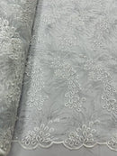 Floral Plant Cluster Fabric - White / Silver - Embroidered High Quality Lace Fabric Sold by Yard