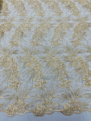 Floral Plant Cluster Fabric - Beige - Embroidered High Quality Lace Fabric Sold by Yard