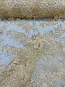 Floral Plant Cluster Fabric - Beige - Embroidered High Quality Lace Fabric Sold by Yard