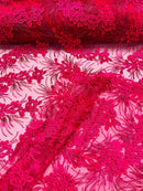 Floral Plant Cluster Fabric - Fuchsia - Embroidered High Quality Lace Fabric Sold by Yard