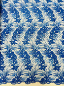 Floral Plant Cluster Fabric - Royal Blue - Embroidered High Quality Lace Fabric Sold by Yard