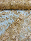 Floral Plant Cluster Fabric - Peach - Embroidered High Quality Lace Fabric Sold by Yard