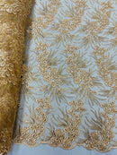 Floral Plant Cluster Fabric - Peach - Embroidered High Quality Lace Fabric Sold by Yard