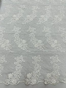 Floral Plant Cluster Fabric - White - Embroidered High Quality Lace Fabric Sold by Yard