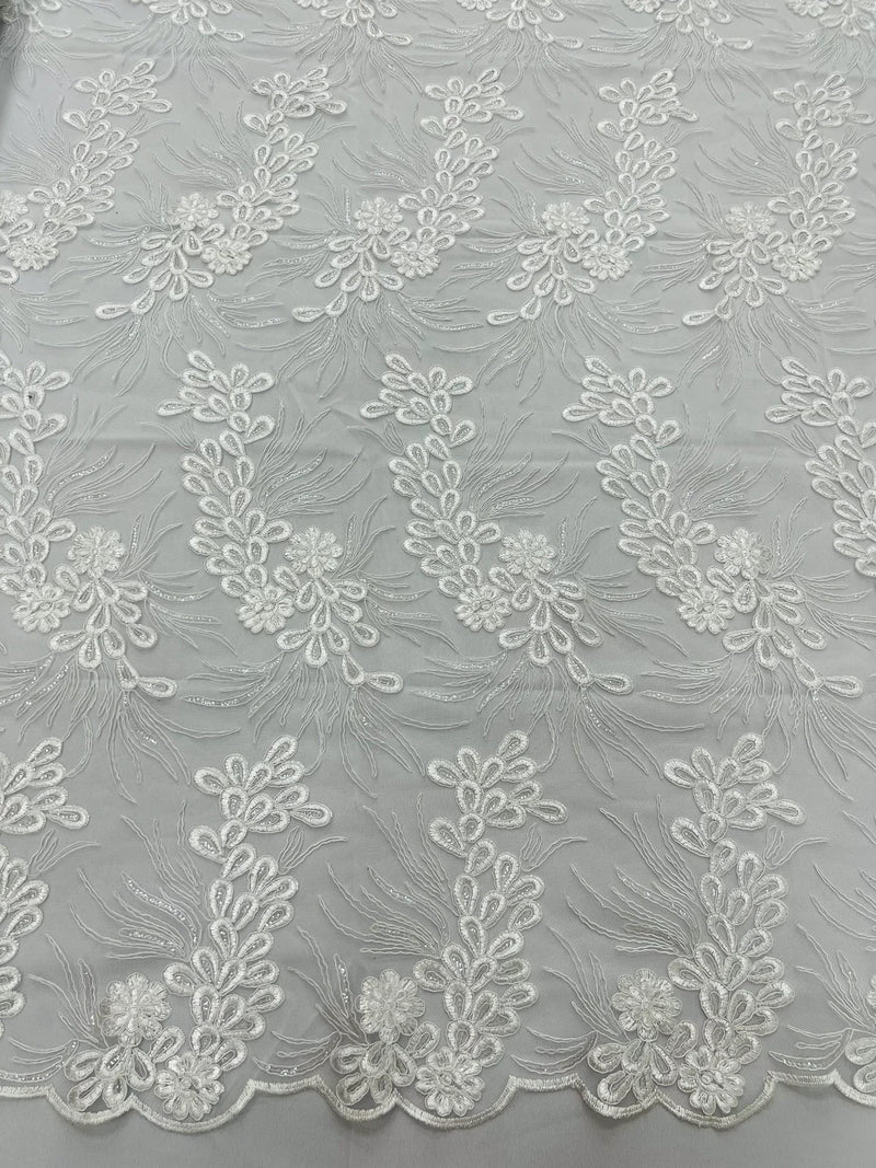 Floral Plant Cluster Fabric - White - Embroidered High Quality Lace Fabric Sold by Yard