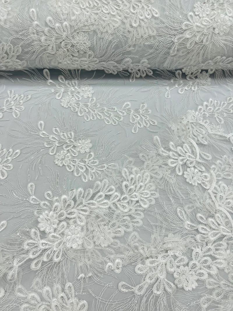 Floral Plant Cluster Fabric - White - Embroidered High Quality Lace Fabric Sold by Yard