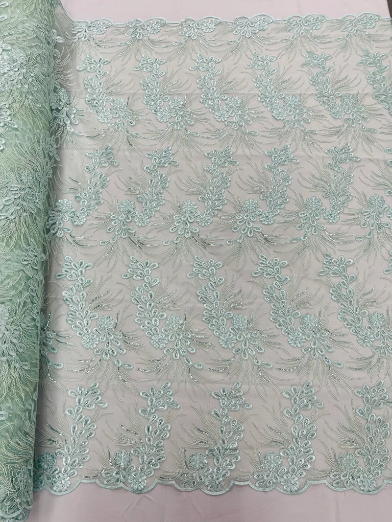 Floral Plant Cluster Fabric - Mint - Embroidered High Quality Lace Fabric Sold by Yard