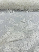 Floral Plant Cluster Fabric - Ivory - Embroidered High Quality Lace Fabric Sold by Yard