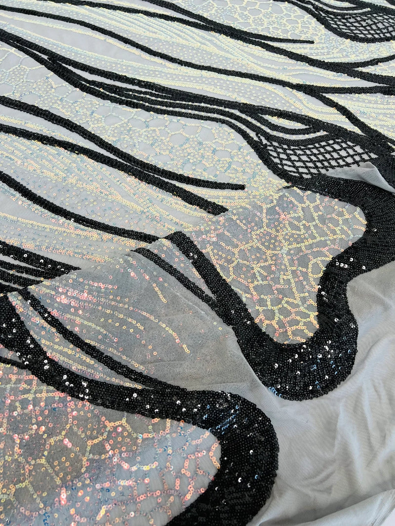 Two Tone Line Sequins Fabric - Silver/Black - 4 Way Stretch Sequins Fabric on Mesh By Yard