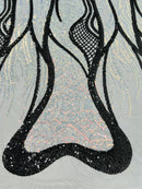 Two Tone Line Sequins Fabric - Silver/Black - 4 Way Stretch Sequins Fabric on Mesh By Yard