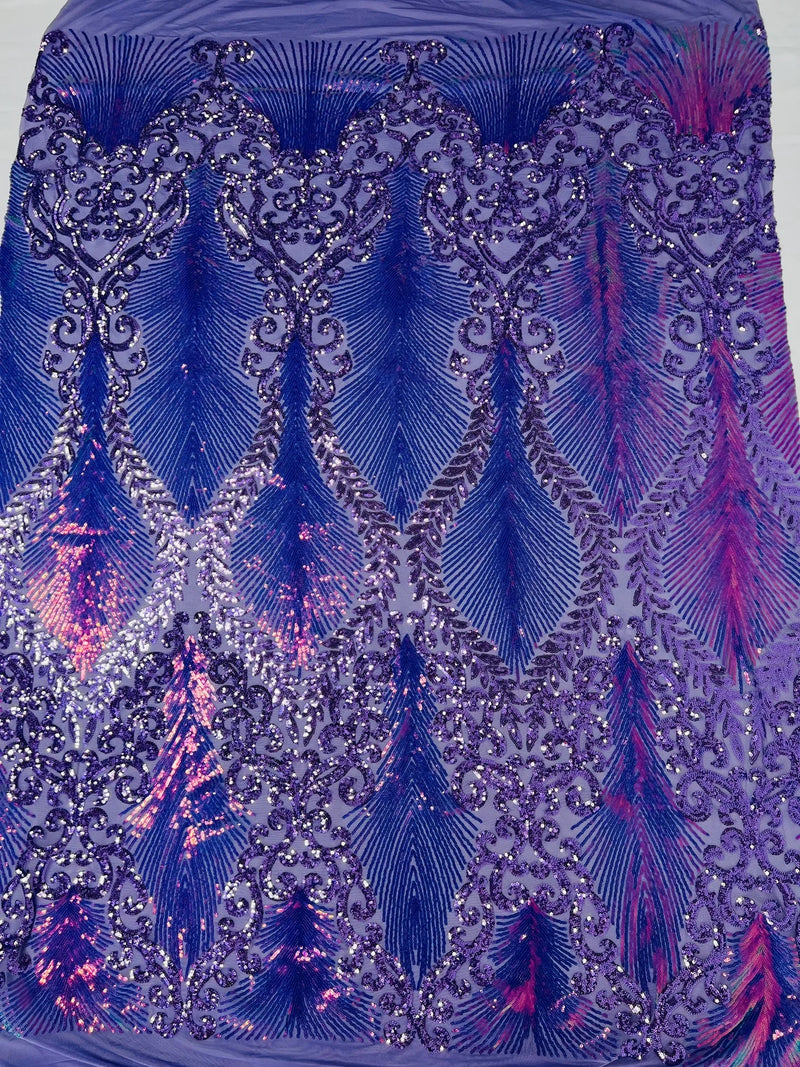 Iridescent Damask Sequins Fabric - Lilac / Lavender - 4 Way Stretch Sequins Fabric on Mesh By Yard