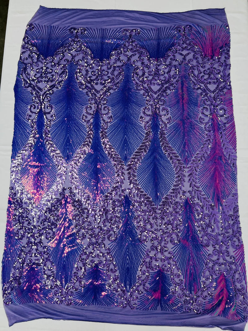 Iridescent Damask Sequins Fabric - Lilac / Lavender - 4 Way Stretch Sequins Fabric on Mesh By Yard