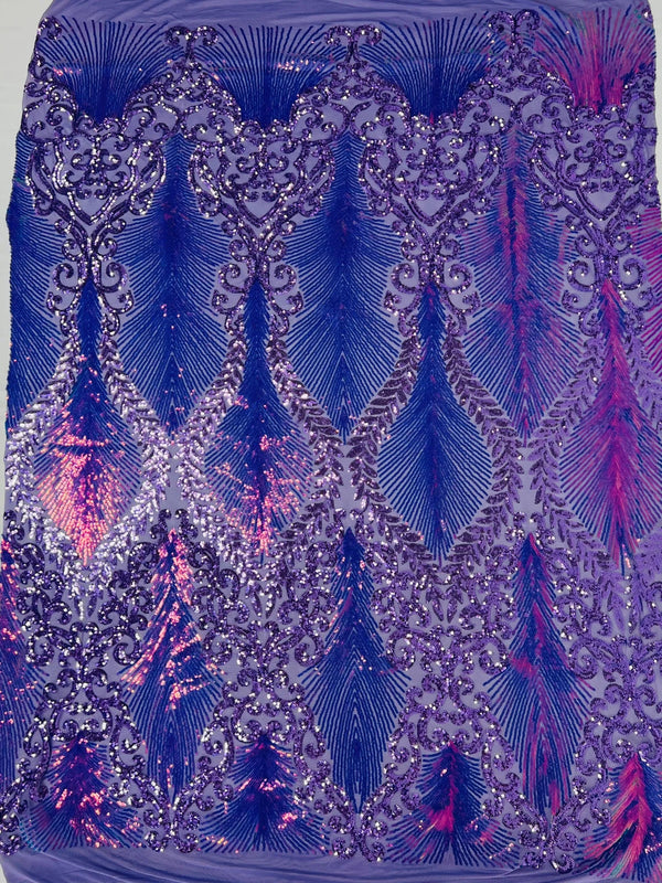 Iridescent Damask Sequins Fabric - Lilac / Lavender - 4 Way Stretch Sequins Fabric on Mesh By Yard