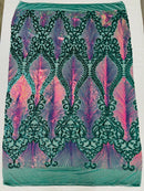 Iridescent Damask Sequins Fabric - Iridescent Rainbow / Hunter Green - 4 Way Stretch Sequins Fabric on Mesh By Yard