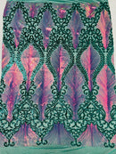 Iridescent Damask Sequins Fabric - Iridescent Rainbow / Hunter Green - 4 Way Stretch Sequins Fabric on Mesh By Yard