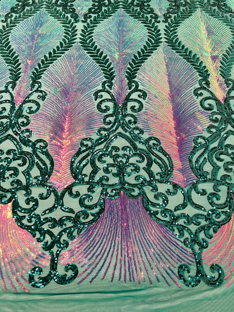 Iridescent Damask Sequins Fabric - Iridescent Rainbow / Hunter Green - 4 Way Stretch Sequins Fabric on Mesh By Yard