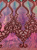 Iridescent Damask Sequins Fabric - Iridescent Rainbow / Burgundy - 4 Way Stretch Sequins Fabric on Mesh By Yard