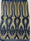 Mermaid Design Sequins Fabric - Navy Blue / Gold - Sequins Fabric 4 Way Stretch on Mesh By Yard