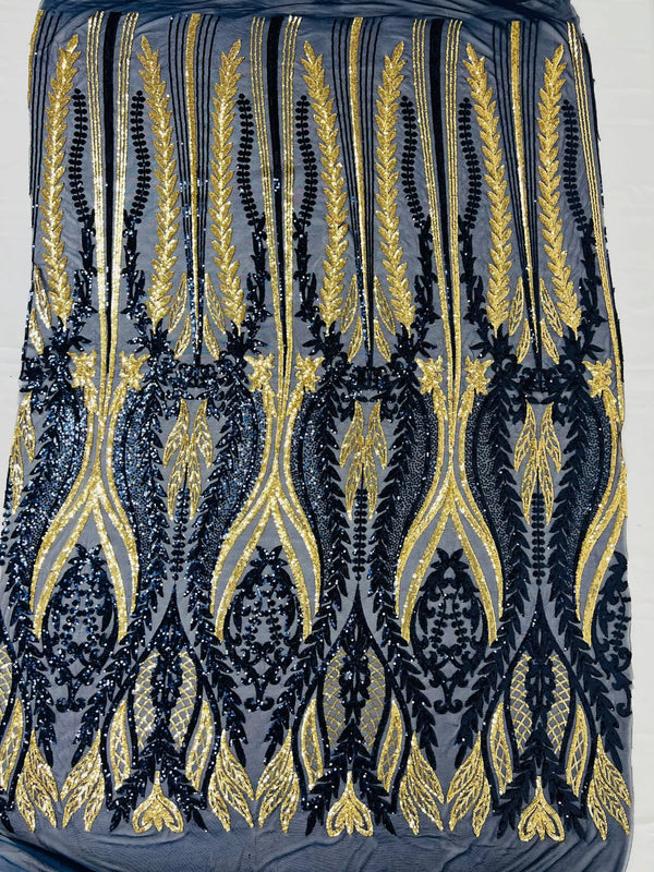 Mermaid Design Sequins Fabric - Navy Blue / Gold - Sequins Fabric 4 Way Stretch on Mesh By Yard